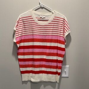 LOFT Red and Pink Striped Short Sleeve Top